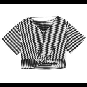Striped Twist Front Choker V Neck crop Tee
